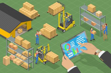 3D Isometric Düz Vektör Depo Yönetimi Yazılımının Kavramsal İllüstrasyonu