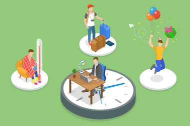 PTO 'nun 3D Isometric Düz Vektör Kavramsal İllüstrasyonu, Ücretli İzin