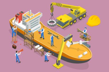 3B Isometric Düz Vektör Gemi Yapılandırması Kavramsal İllüstrasyonu