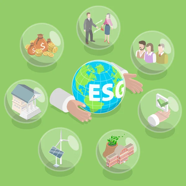 3D Isometrische platte vector Conceptuele illustratie van ESG Milieu-, Maatschappelijk en Corporate Governance — Stockvector