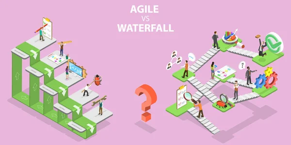 3D Isomric Flat Vector Illustrazione concettuale delle metodologie Agile vs Cascata — Vettoriale Stock