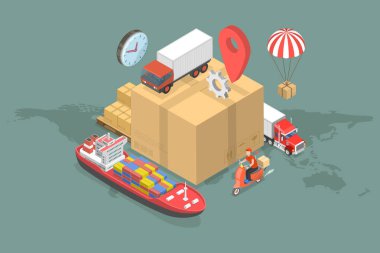 3D Isometric Düz Vektör Lojistik ve Teslimatın Kavramsal İllüstrasyonu