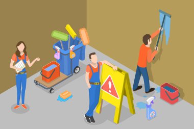 3 Boyutlu Isometric Düz Vektör Temizlik Servisinin Kavramsal İllüstrasyonu