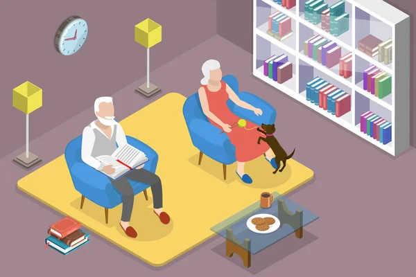 3D Isometric Flat Vector Conceptual Illustration of Seniors Relaxing At Home — Stockový vektor