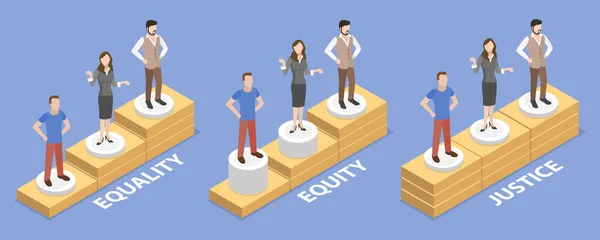 Illustrazione concettuale del vettore piatto isometrico 3D di uguaglianza contro equità contro giustizia — Vettoriale Stock