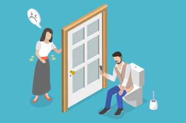 3D Isometric Flat Vector Conceptual Illustration of Toilet Sitting with Smartphone