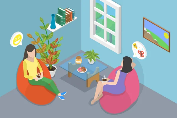 3D Isometric Flat Vector Conceptual Illustration of Drinking Tea With Friend — 图库矢量图片