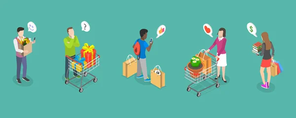 3D Isometric Flat Vector Conceptual Illustration of Set of Buyers with Shopping Attributes — 스톡 벡터