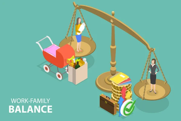 3D Isometric Flat Vector Conceptual Illustration of Work-family Balance — Stok Vektör
