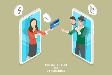 Çevrimiçi Dolandırıcılık ve Siber Suçların 3B Isometric Düz Vektör İllüstrasyonu