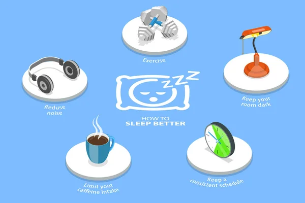 3D ισομετρική επίπεδη διανυσματική εννοιολογική απεικόνιση του πώς να κοιμηθείτε καλύτερα — Διανυσματικό Αρχείο