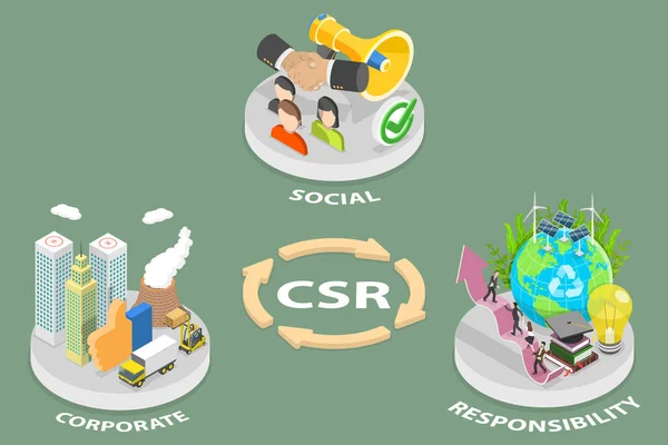 3DアイソメトリックフラットベクトルCSRの概念図:企業の社会的責任 — ストックベクタ