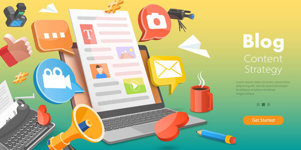 3D-векторная концептуальная иллюстрация стратегии контента блога