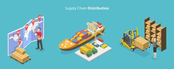 Ilustração conceitual do vetor plano isométrico 3D da distribuição da cadeia de suprimentos — Vetor de Stock