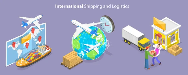 Ilustração conceitual do vetor plano isométrico 3D do transporte internacional e da logística — Vetor de Stock