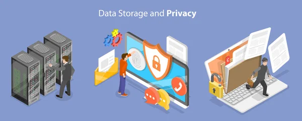 3D Isometric Flat Vector Conceptual Illustration of Data Storage And Privacy — Stock Vector