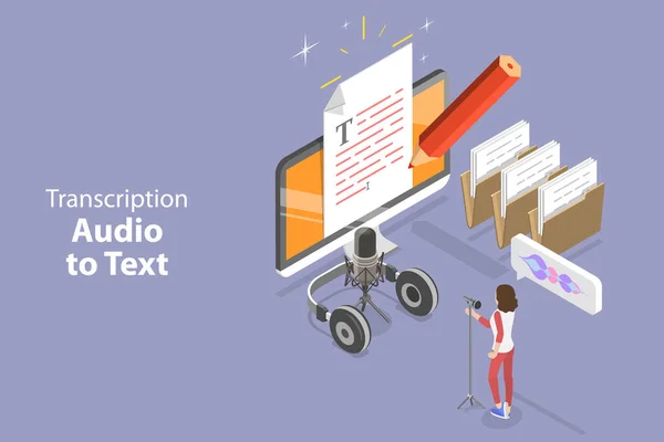 3D Isometric Flat Vector Conceptual Illustration of Transcription Audio To Text — Stock Vector
