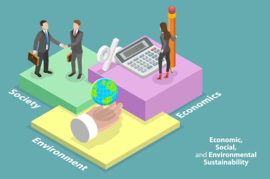 3D Isometric Düz Vektör Ekonomik, Sosyal ve Çevresel Sürdürülebilirliğin Kavramsal İllüstrasyonu