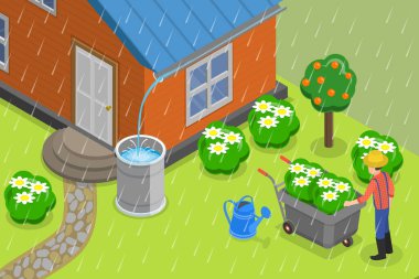 3 Boyutlu Isometric Düz Vektör Yağmursuyu Hasatının Kavramsal İllüstrasyonu