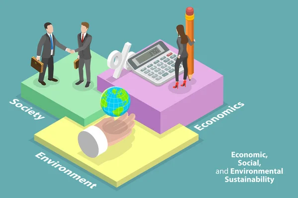 Ilustración conceptual del vector plano isométrico 3D de la sostenibilidad económica, social y ambiental — Archivo Imágenes Vectoriales