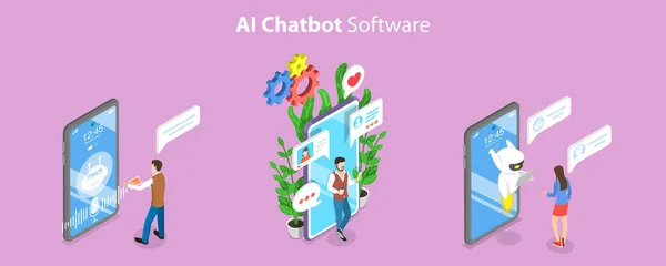 3D izometrikus lapos vektor Az AI Chatbot szoftver koncepcionális illusztrációja — Stock Vector