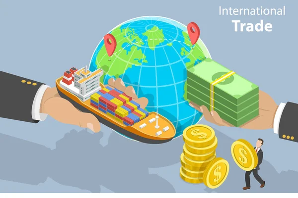 Isometric Flat Vektör Uluslararası Ticaret Küresel Dünya Ekonomisinin Kavramsal Llüstrasyonu — Stok Vektör