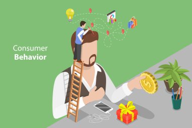 3 Boyutlu Isometric Düz Vektör Tüketici Davranışının Kavramsal İllüstrasyonu, Ürün Alım Kararını Artırmak için Pazarlama Stratejisi