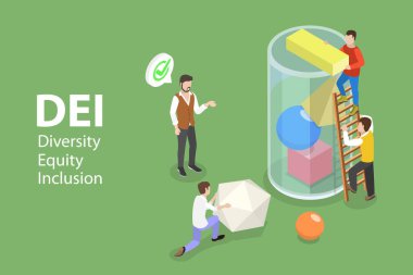DEI 'nin 3D Isometric Düz Vektör İllüstrasyonu - Çeşitlilik, Eşitlik ve Katılım, İnsan Hakları ve Eşit Fırsatlar