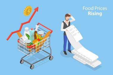 3D Isometric Düz Vektör Gıda Fiyatlarının Artışının Kavramsal İllüstrasyonu, Yüksek Market Giderleri