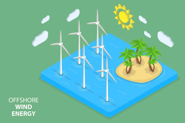 Isometrische Vlakke Vector Conceptuele Illustratie Van Offshore Windenergie Groene Energie — Stockvector