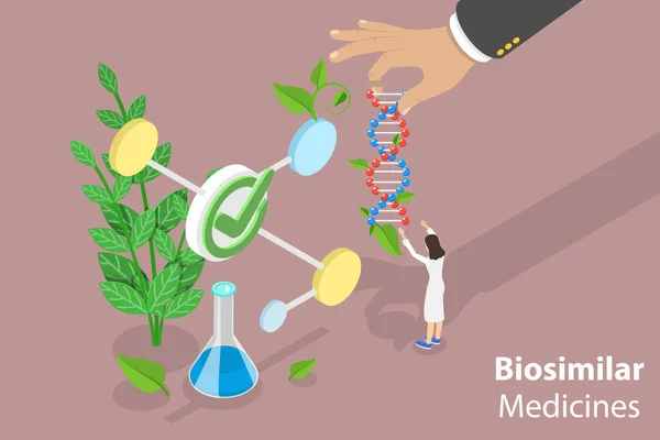 Ilustração Conceitual Vetor Plano Isométrico Medicamentos Biossimilares Indústria Bio Pharma — Vetor de Stock