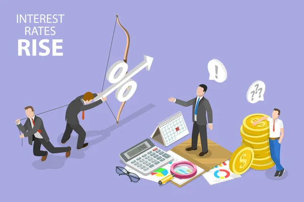 Isometric Flat Vector Conceptual Illustration Interest Rates Rise Loan Mortgage — 스톡 벡터