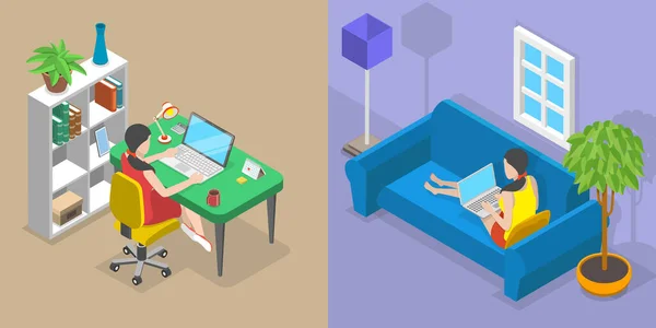 Isometric Flat Vector Konzeptuelle Illustration Des Arbeitens Von Hause Gegen — Stockvektor