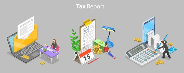 Isometric Flat Vector Conceptual Illustration Tax Calcualtion Report Online Declaration — 스톡 벡터