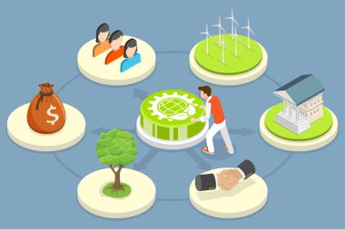 ESG, Çevresel Sosyal Yönetim, Yeşil Enerji ve Sürdürülebilir Endüstrinin 3B Isometric Düz Vektör İllüstri