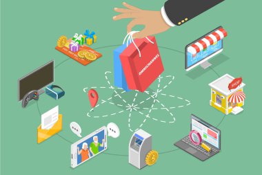 3D Isometric Düz Vektör Omnichannel 'in Kavramsal İllüstrasyonu, Satıcı ve Müşteri Arasındaki Çeşitli İletişim Kanalları