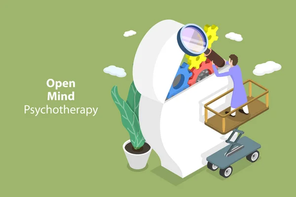 Ισομετρική Επίπεδη Διανυσματική Εννοιολογική Απεικόνιση Της Ψυχοθεραπείας Ανοικτού Μυαλού Ψυχίατρος — Διανυσματικό Αρχείο