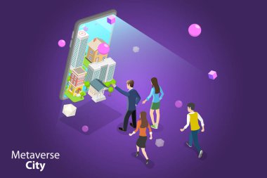 3D Isometric Flat Vector Conceptual Illustration of Metaverse City, Artificial Intelligence in Smart City