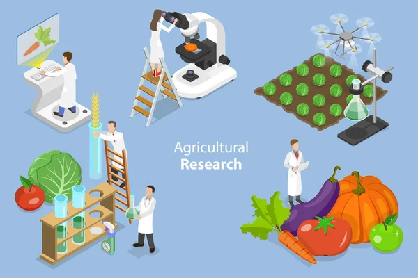 Illustrazione Concettuale Del Vettore Piatto Isometrico Della Ricerca Agricola Prodotti — Vettoriale Stock