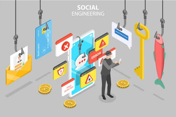 Ilustração Conceitual Vetor Plano Isométrico Engenharia Social Cibercrime — Vetor de Stock