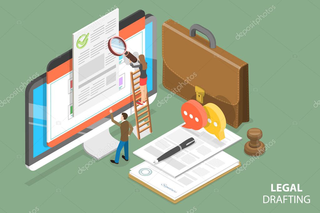 3D Isometric Flat Vector Conceptual Illustration of Legal Drafting, Agreement Audit