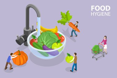 3D Isometric Düz Vektör Yemek Hijyeninin Kavramsal İllüstrasyonu, Çiğ Yiyecekleri Yıkama