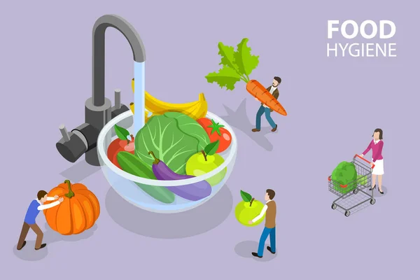 Isometric Flat Vector Conceptual Illustration Food Hygiene Washing Raw Foods — Stock Vector