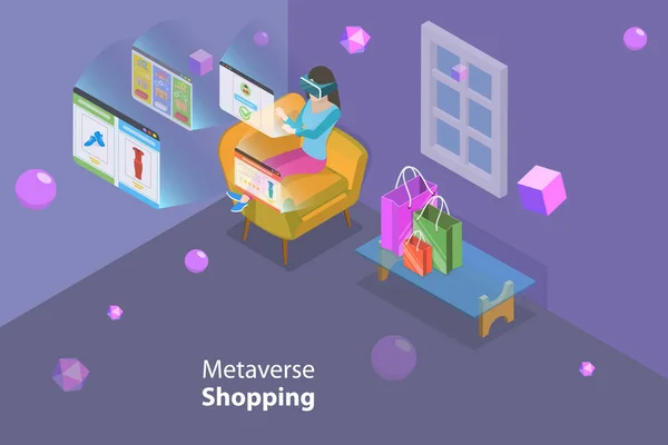 Isometric Flat Vector Conceptual Illustration Metaverse Shopping Future Inovative Technologies - Stok Vektor