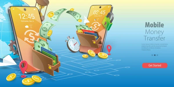 Vector Conceptual Illustration Mobile Money Transfer Global Financial Transactions —  Vetores de Stock