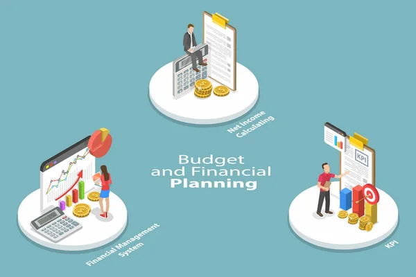 Isometric Flat Vector Conceptual Illustration Budget Financial Planning Performance Management — Vetor de Stock