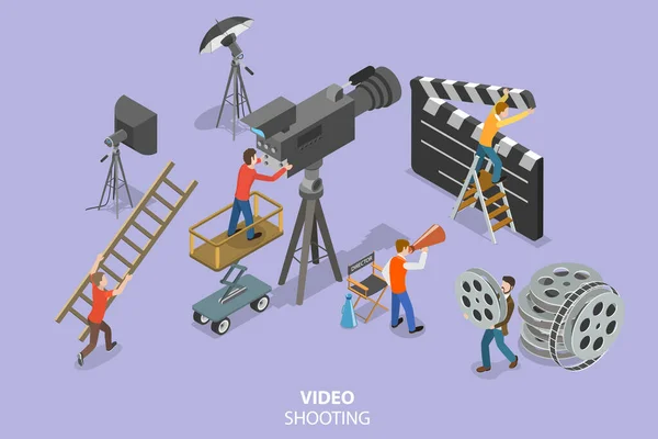 Isometric Flat Vector Conceptual Illustration Video Shooting Professional Film Recording — Stockvektor