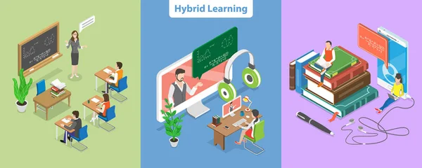 Isometric Flat Vector Conceptual Illustration Hybrid Blended Learning Digital Classroom — Archivo Imágenes Vectoriales
