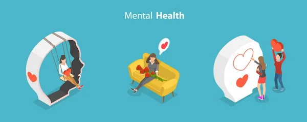 Isometric Flat Vector Conceptual Illustration Mental Health Mindfulnessa Positive Thinking — Stockvektor