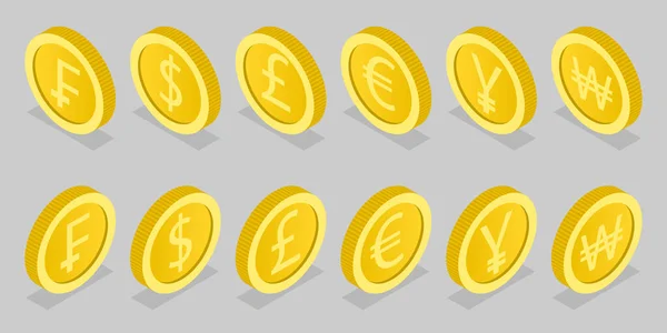 Isometric Flat Vector Conceptual Illustration World Currency Coins Elements Design — Stockvektor